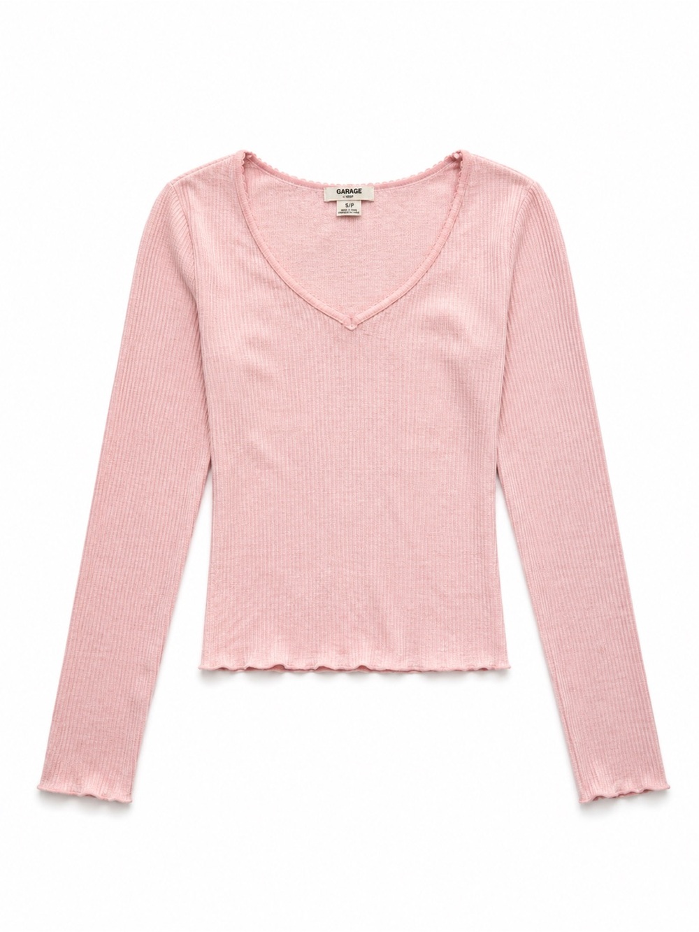 Garage Pink Ribbed V-Neck Long Sleeve Top